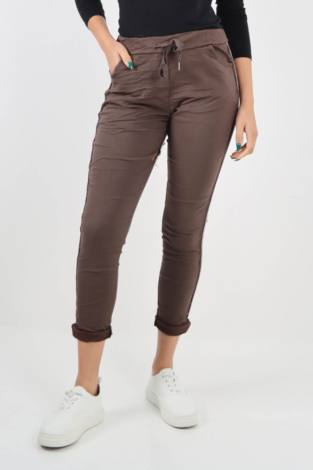 Chocolate-Side Glitter Ribbon Drawstring Magic Pants