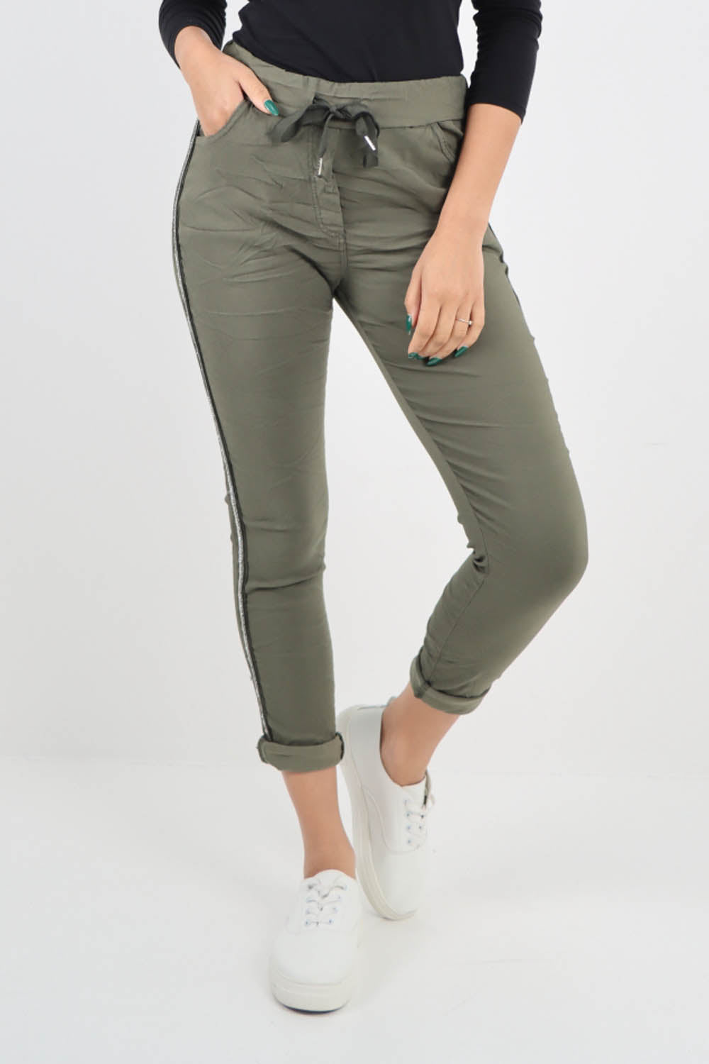Green-Side Glitter Ribbon Drawstring Magic Pants