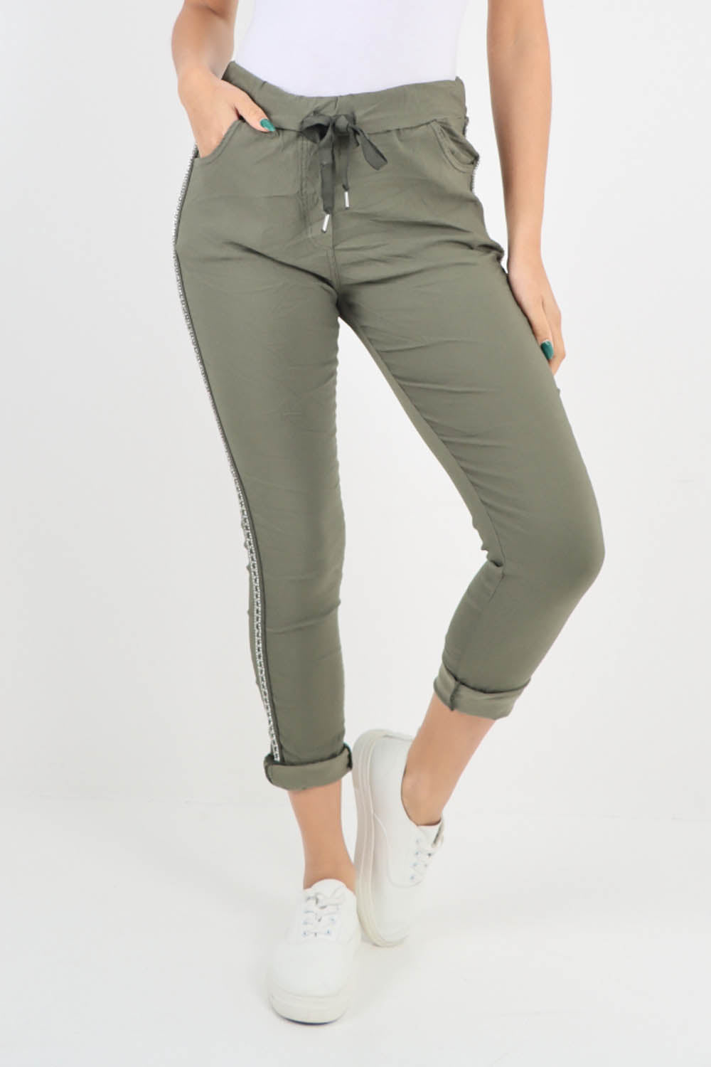 Khaki-Side Glitter Ribbon Drawstring Magic Pants