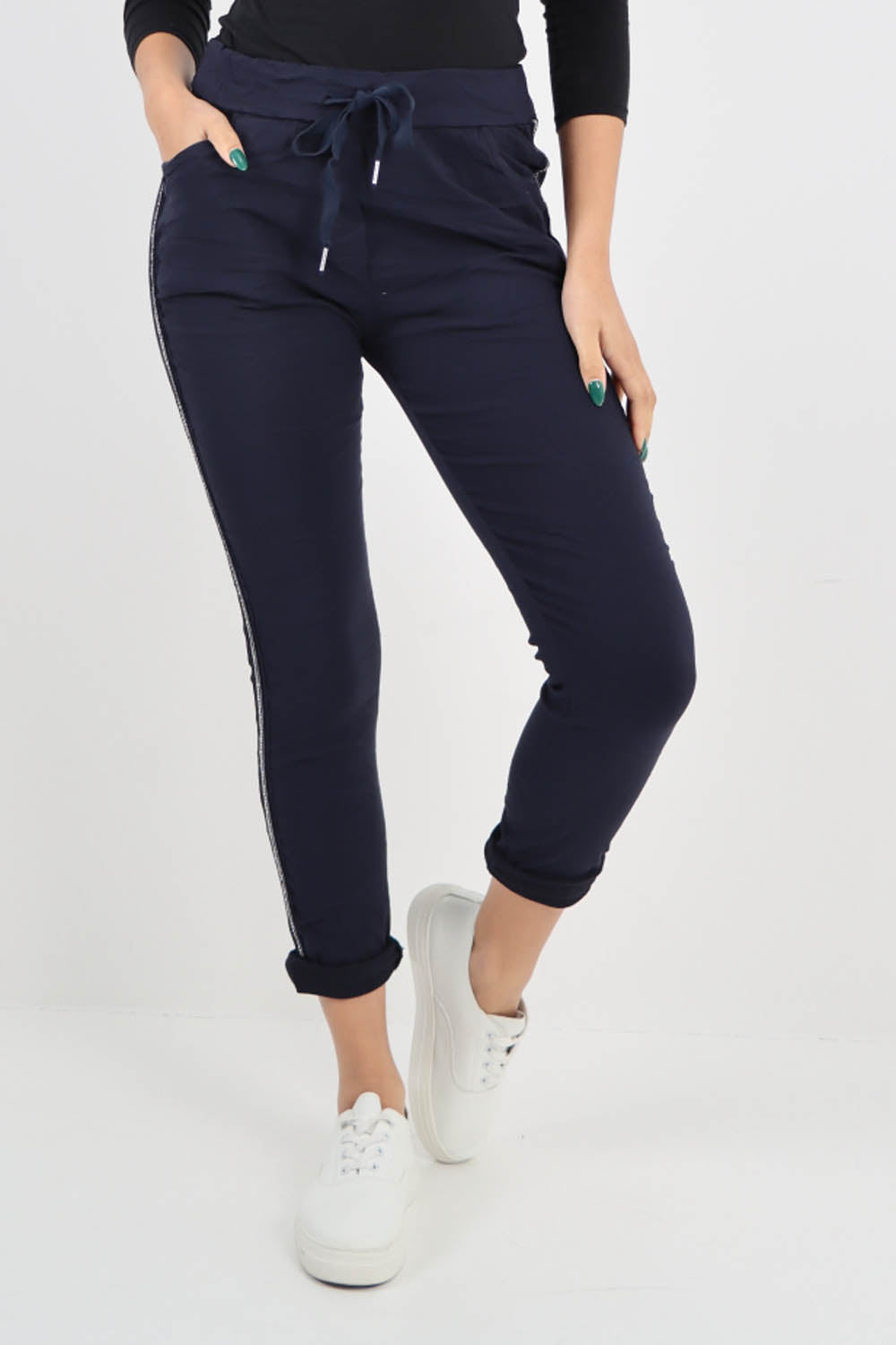 Navy Blue-Side Glitter Ribbon Drawstring Magic Pants
