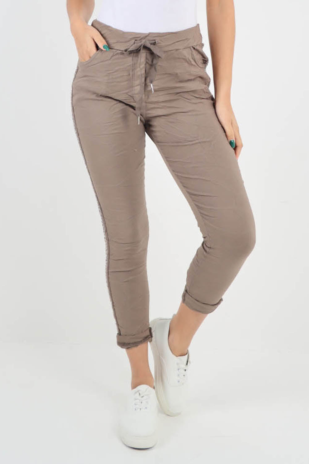 Nude-Side Glitter Ribbon Drawstring Magic Pants