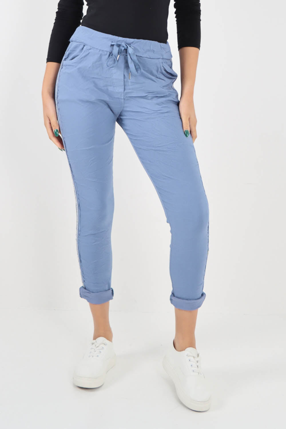 Sky Blue-Side Glitter Ribbon Drawstring Magic Pants