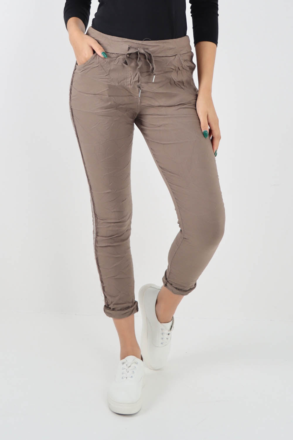 Stone-Side Glitter Ribbon Drawstring Magic Pants