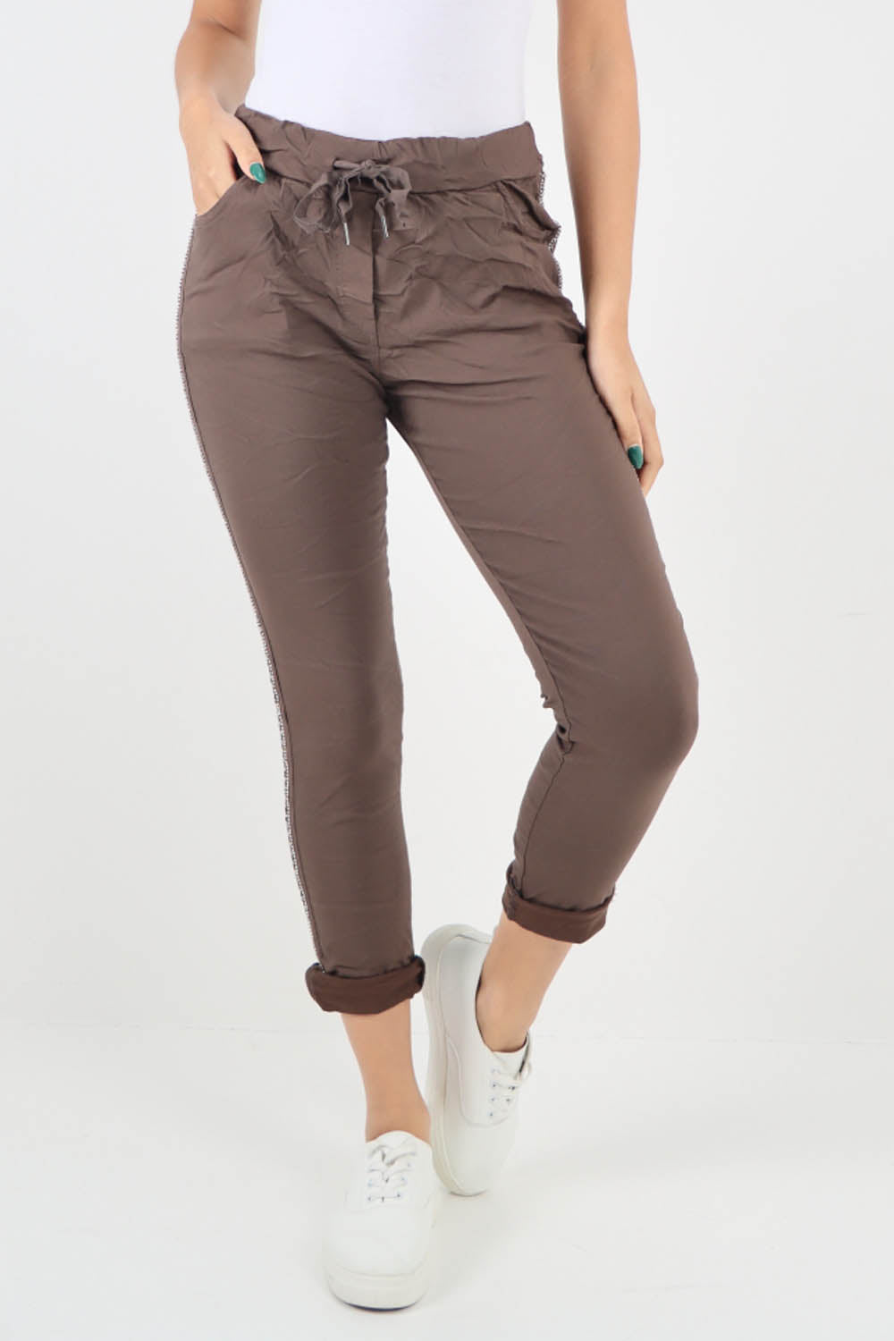 Brown-Side Glitter Ribbon Drawstring Magic Pants