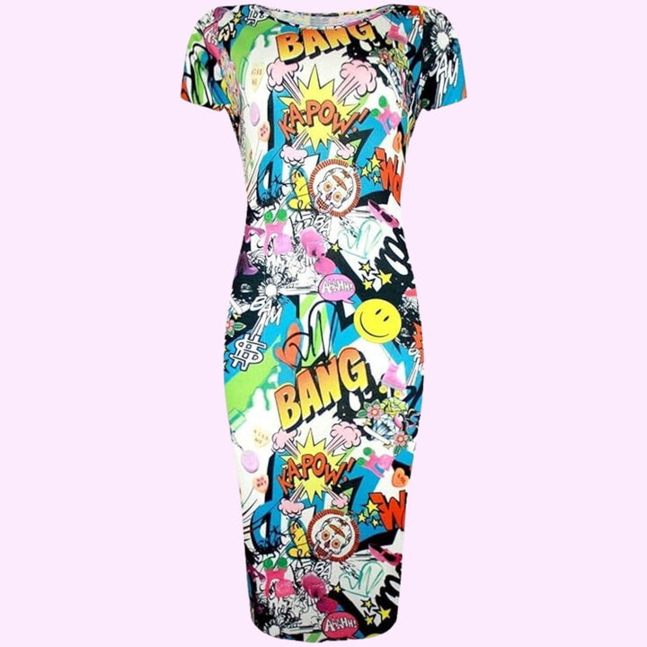 Printed Short Sleeve Scoop Neck Midi Dress