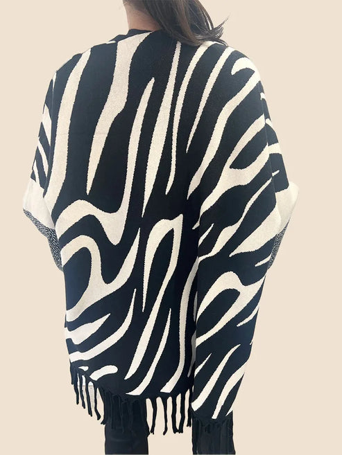 Zebra Knit Fringe Poncho