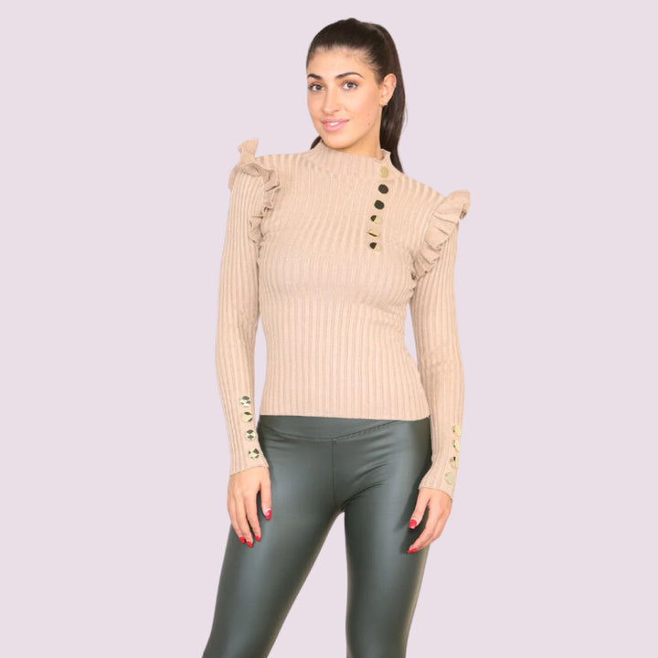 Ribbed Knit Gold Button Detail Jumper with Frill