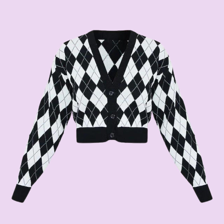 Monochrome check cropped knitted cardigan