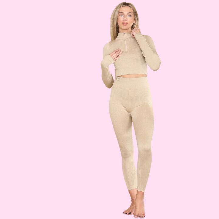 Ribbed Tracksuit Two Piece Set With Half Zip Detail Gym Loungewear