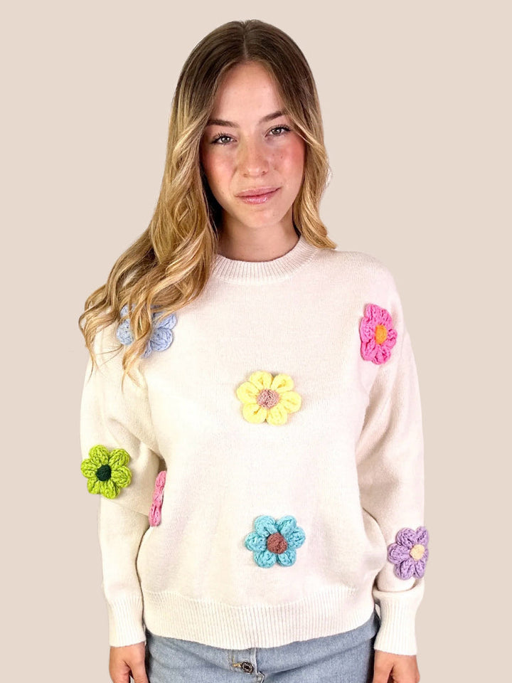 Soft Knit Sweater with Flower Appliqué