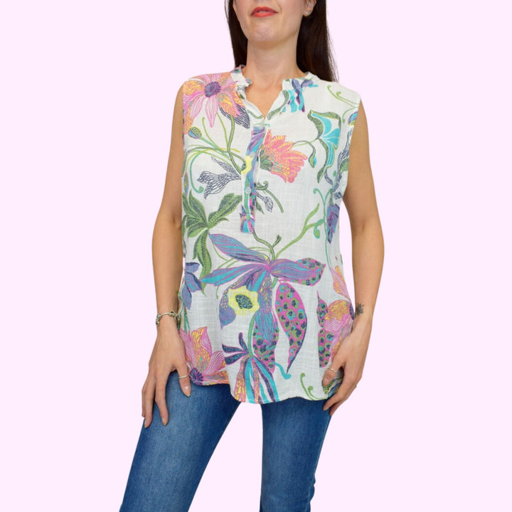 Sleeveless Floral Print Cotton Top