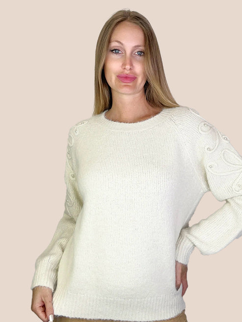 Flower Pearl Shoulder Detail Wool Knit Sweater