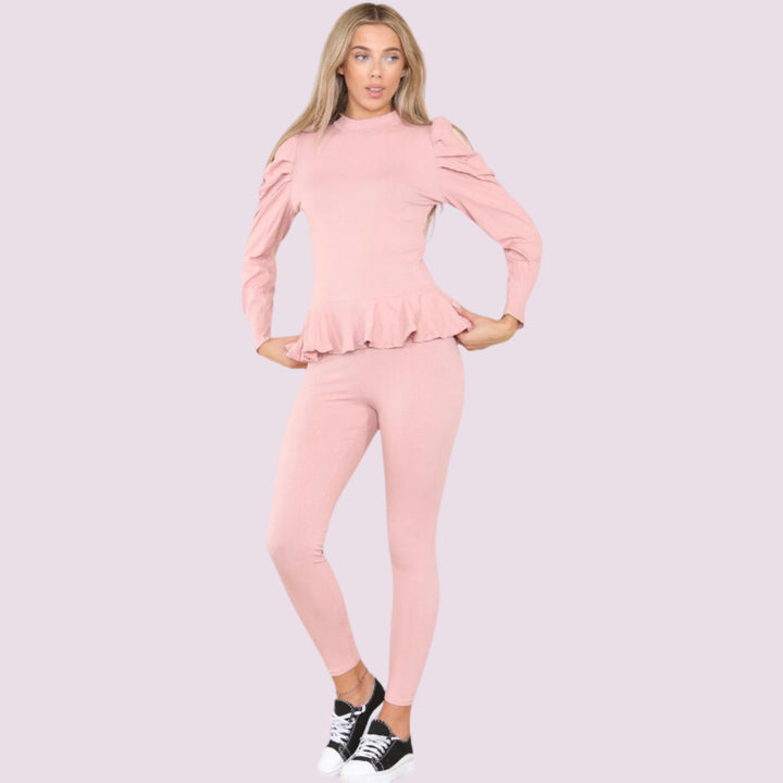 Puff Sleeves Set Frill Hem Peplum Ribbed Lounge Wear Suit