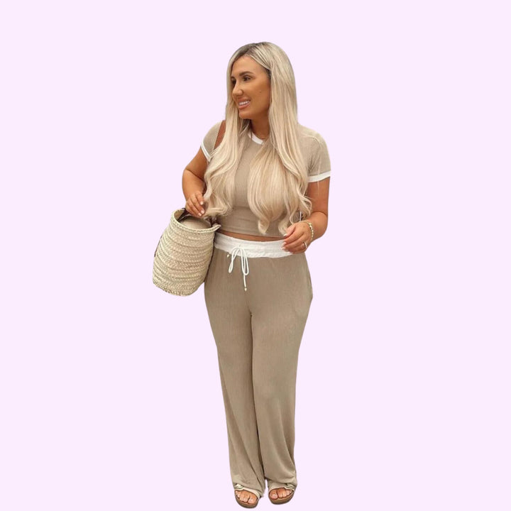 Ribbed contras cap sleeve crop top and trouser two piece set