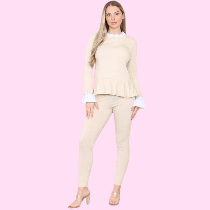 Peplum Frill Neck Suit Pleated Lounge Wear Set