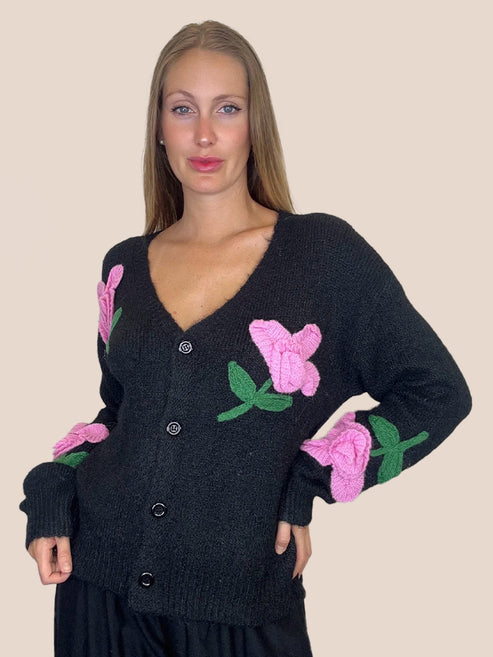 Floral Appliqué Knit Cardigan