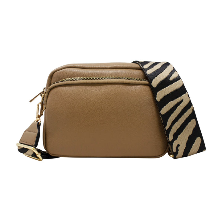 Plain Double-Zipper Camera Crossbody with Patterned Strap