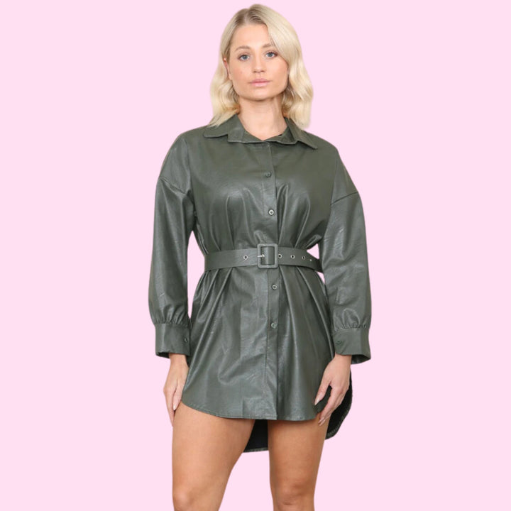 PU Faux Leather Belted Wet Look Shirt