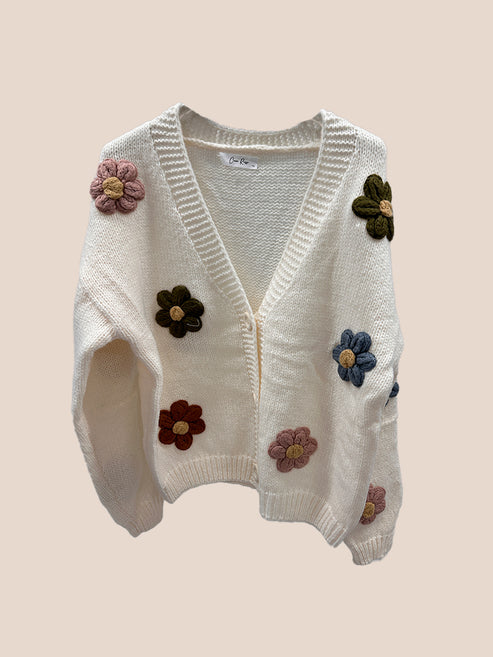 Flower Appliqué Chunky Knit Cardigan