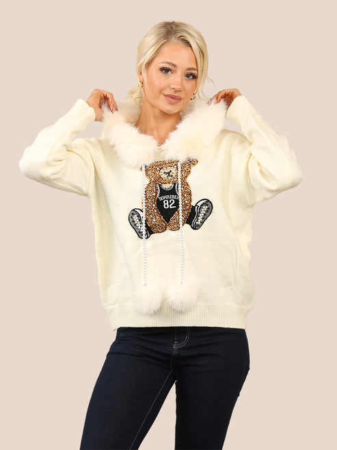 Crystal Teddy Appliqué Wool Knit Hoodie