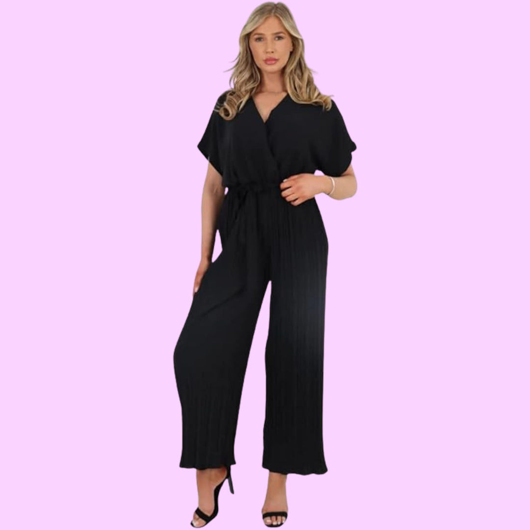 Italian Pleated Belted Wrap Over Jumpsuits