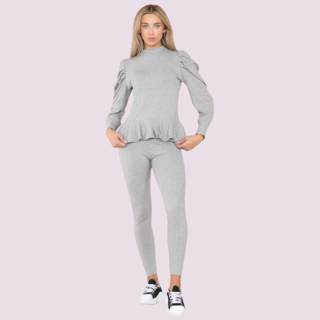 Puff Sleeves Set Frill Hem Peplum Ribbed Lounge Wear Suit