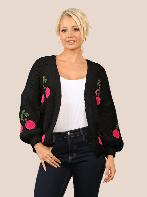 Cherry Print Wool Blend Knit Cardigan