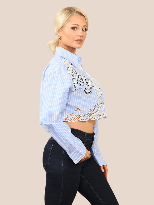 Cutwork Pinstripe Crop Blouse