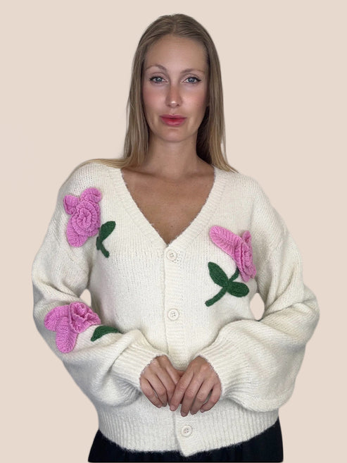 Floral Appliqué Knit Cardigan