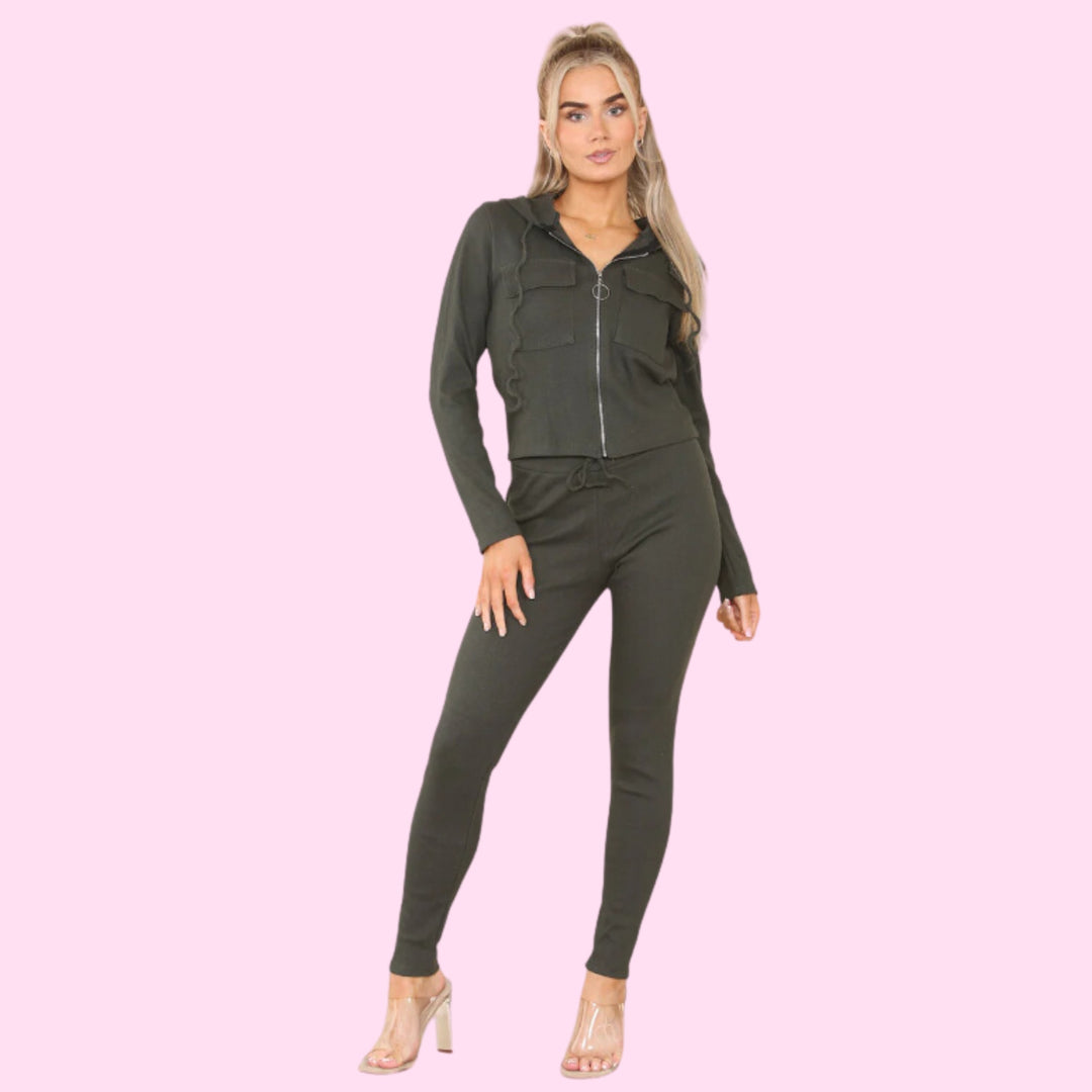 Front Pocket Zip Suit Ribbed Hooded Lounge Wear Set