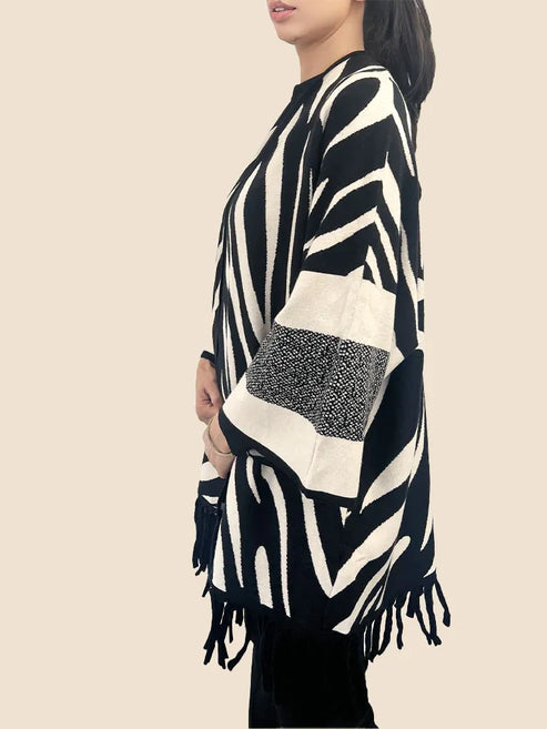 Zebra Knit Fringe Poncho