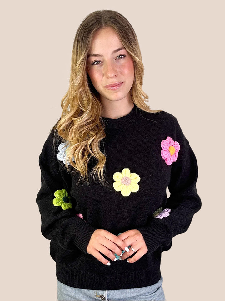 Soft Knit Sweater with Flower Appliqué