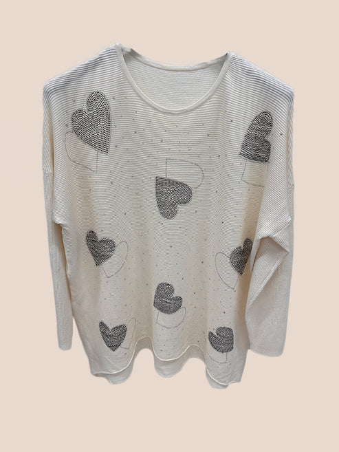 Crystal Heart Embellished Ribbed Knit Top