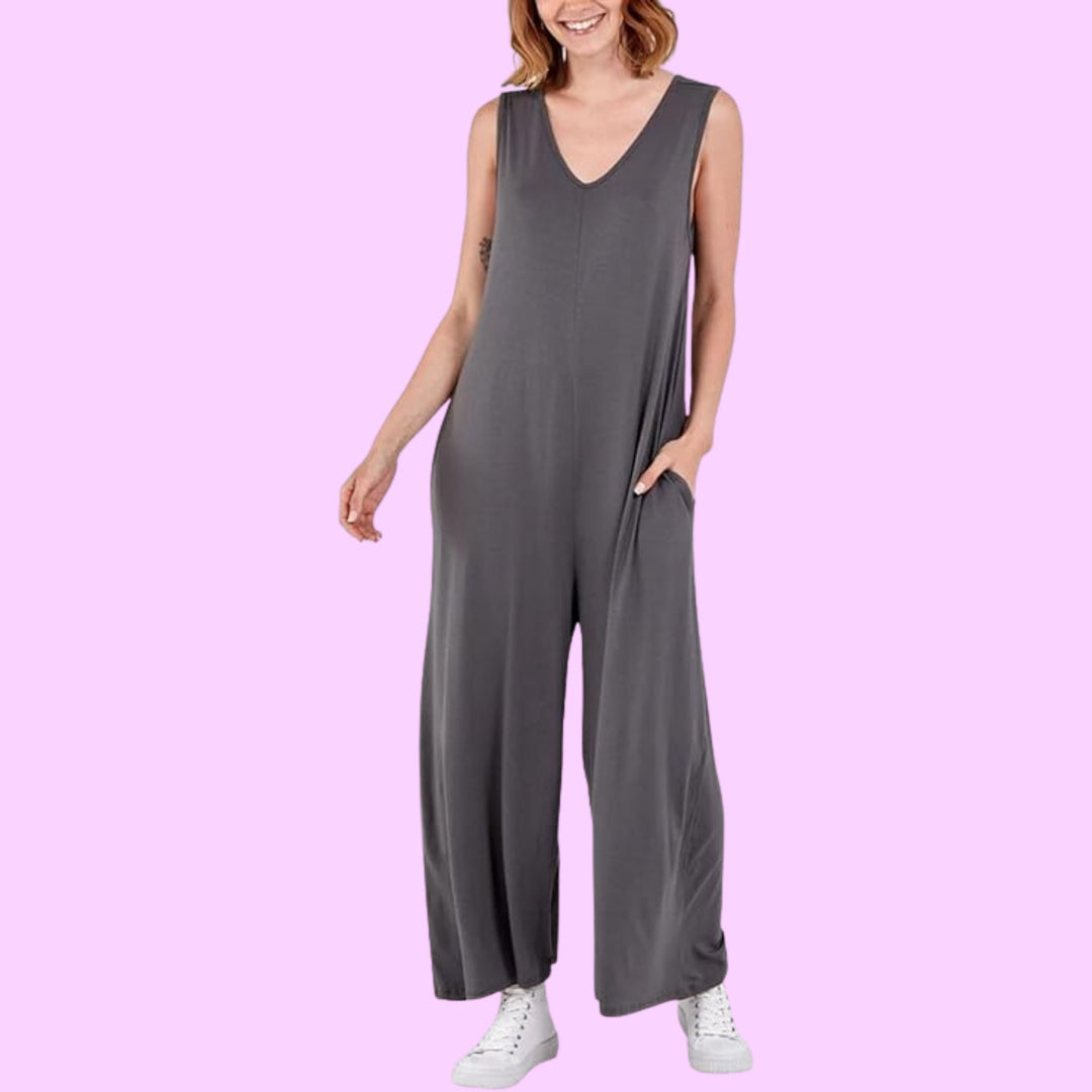 Sleeveless Plain V-neck Jumpsuit