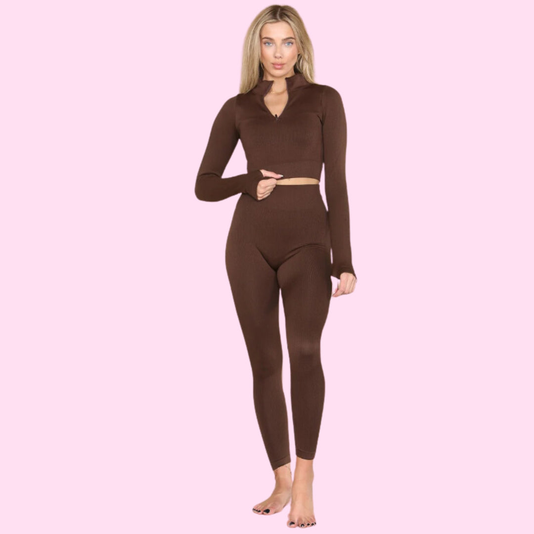 Ribbed Tracksuit Two Piece Set With Half Zip Detail Gym Loungewear