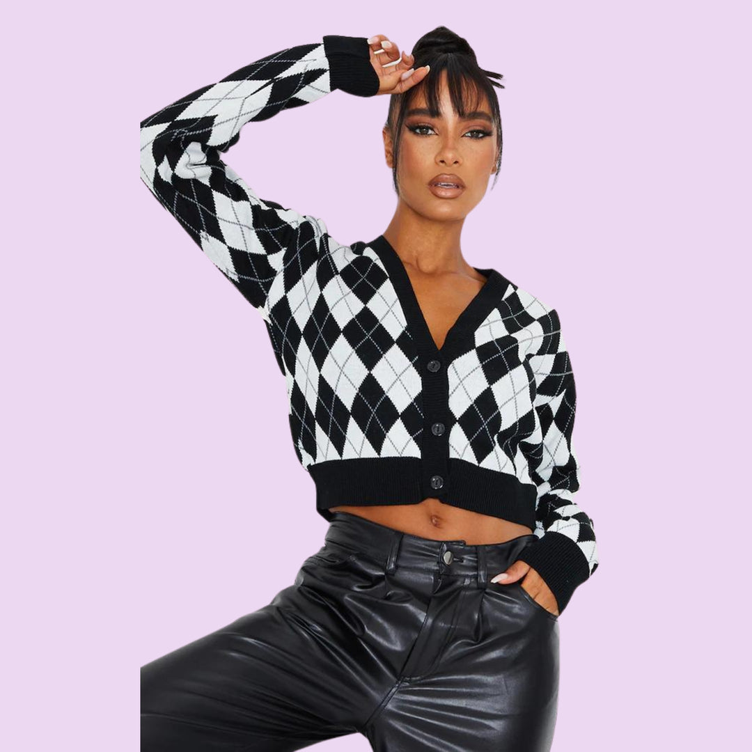 Monochrome check cropped knitted cardigan