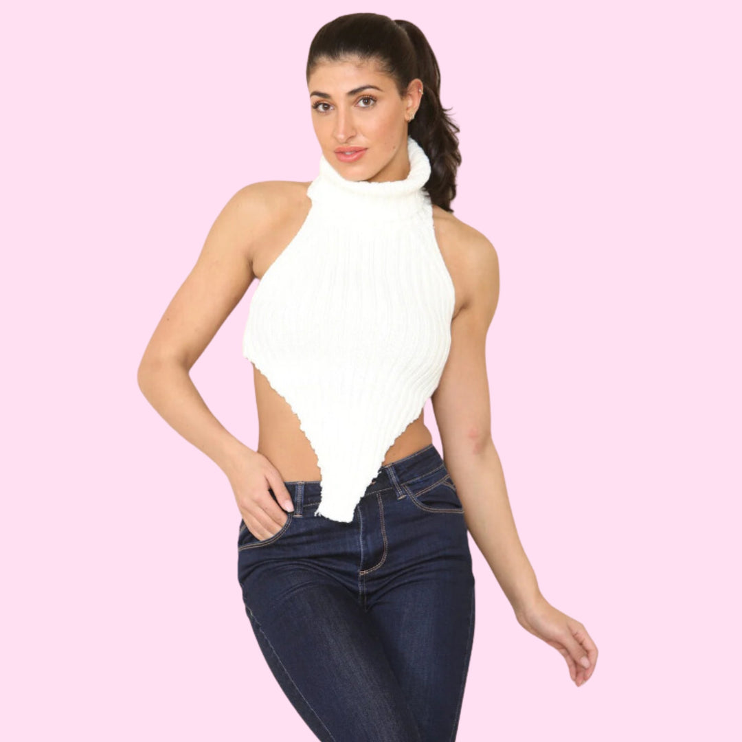 High Neck Roll Knitted Backless Front Cropped Top