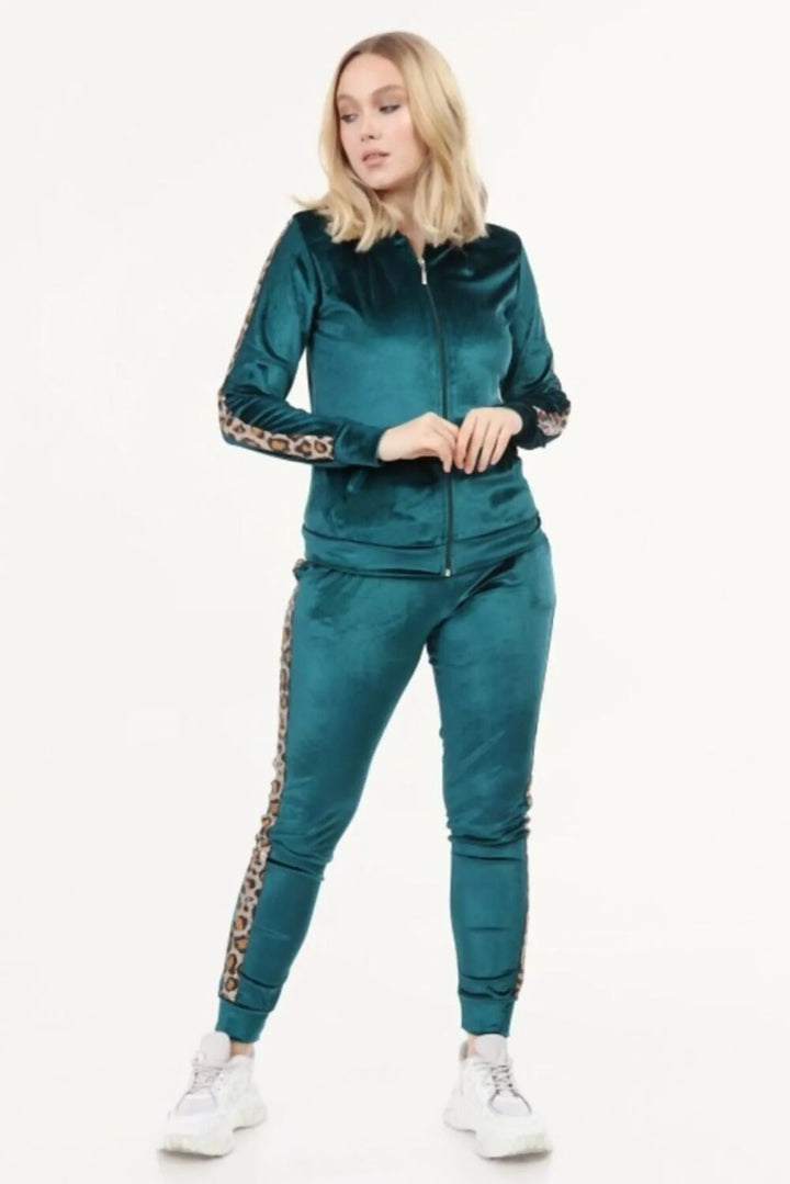 Leopard Print Side Stripe Velour Tracksuit