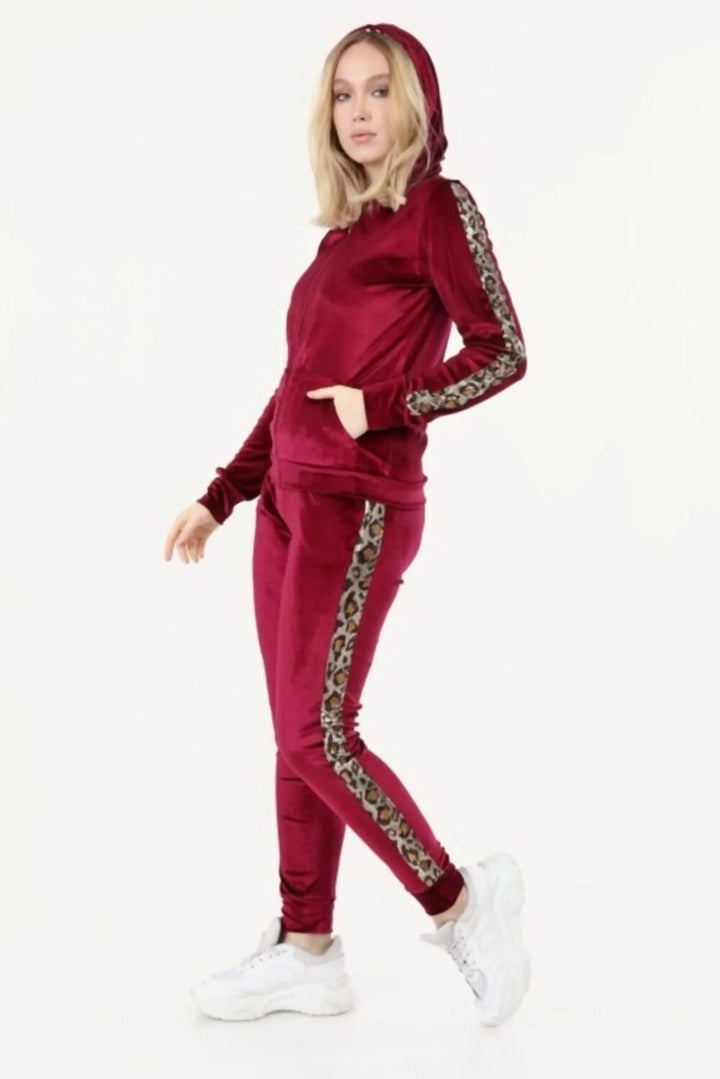 Leopard Print Side Stripe Velour Tracksuit