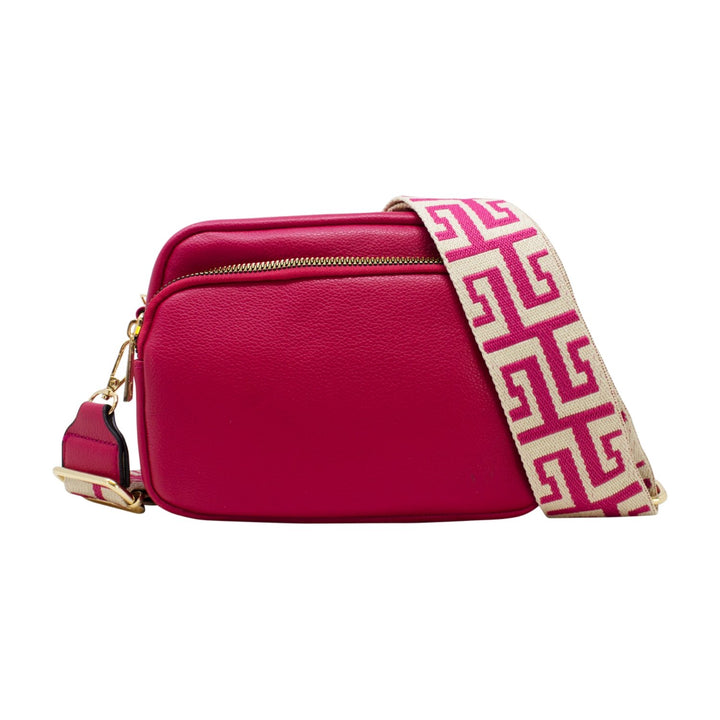 Plain Double-Zipper Camera Crossbody with Patterned Strap