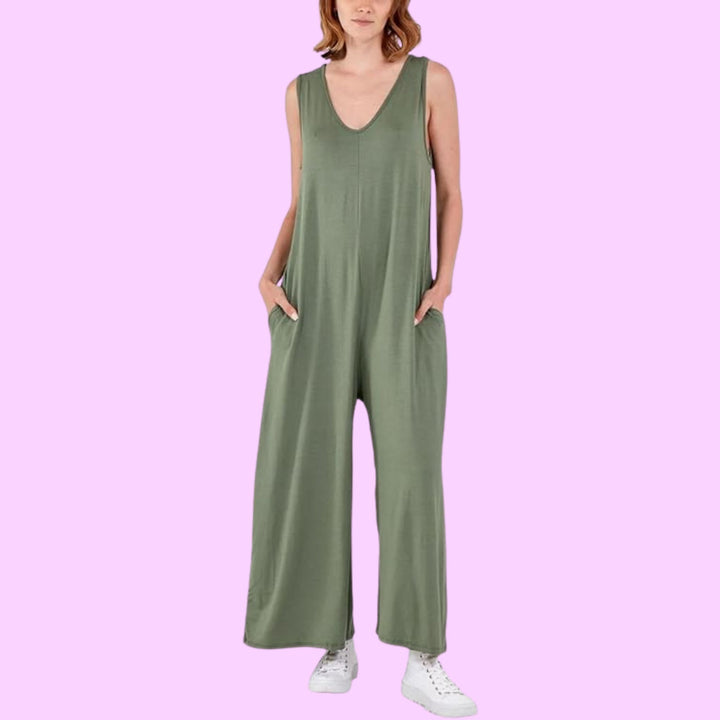 Sleeveless Plain V-neck Jumpsuit