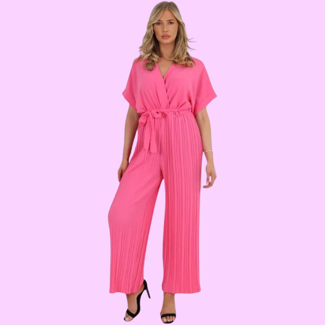 Italian Pleated Belted Wrap Over Jumpsuits