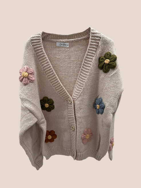 Flower Appliqué Chunky Knit Cardigan