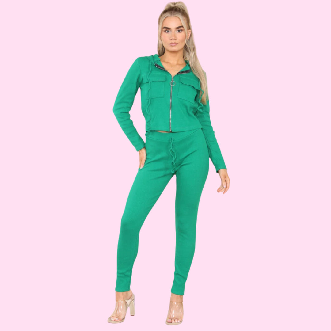 Front Pocket Zip Suit Ribbed Hooded Lounge Wear Set