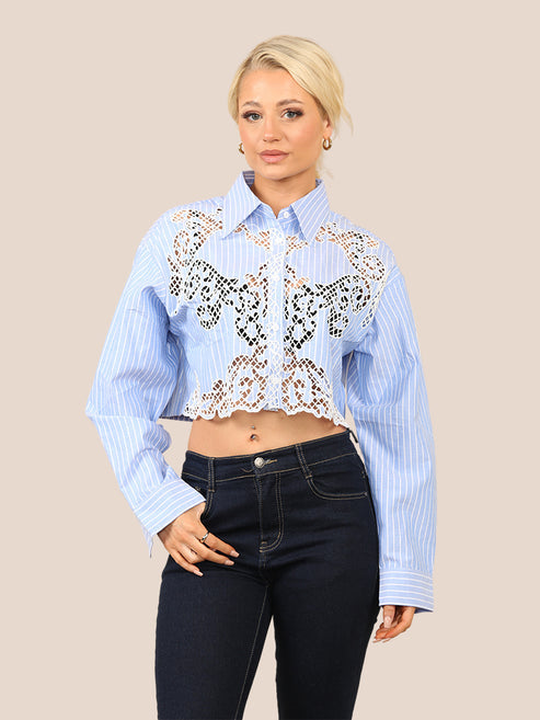 Cutwork Pinstripe Crop Blouse