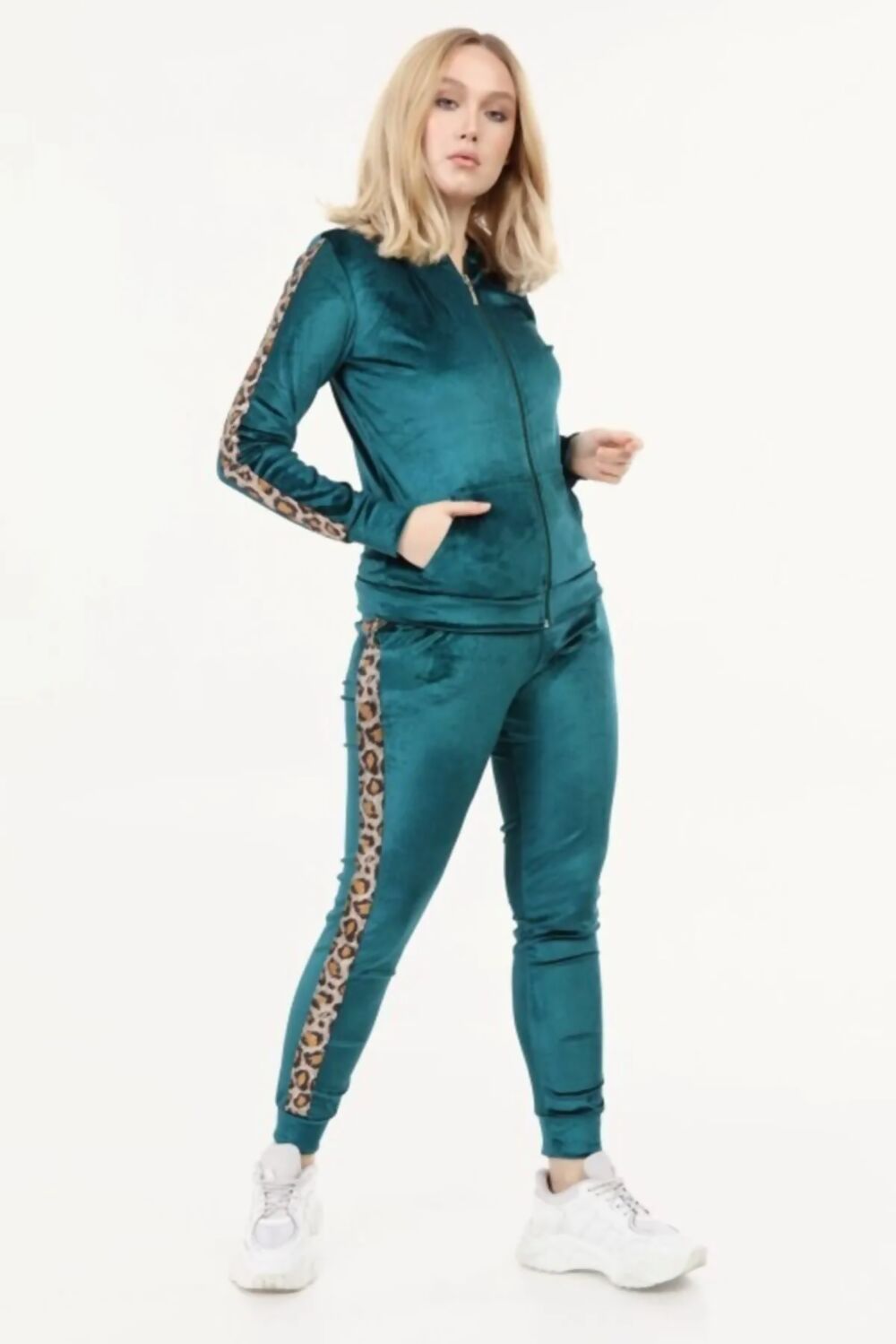 Leopard Print Side Stripe Velour Tracksuit