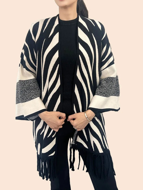 Zebra Knit Fringe Poncho