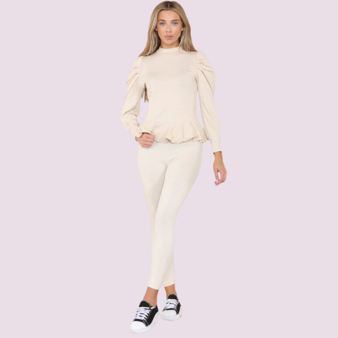 Puff Sleeves Set Frill Hem Peplum Ribbed Lounge Wear Suit