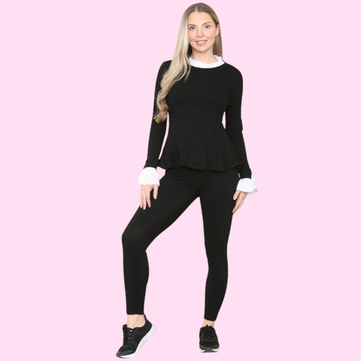 Peplum Frill Neck Suit Pleated Lounge Wear Set