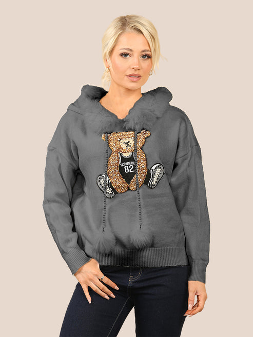 Crystal Teddy Appliqué Wool Knit Hoodie